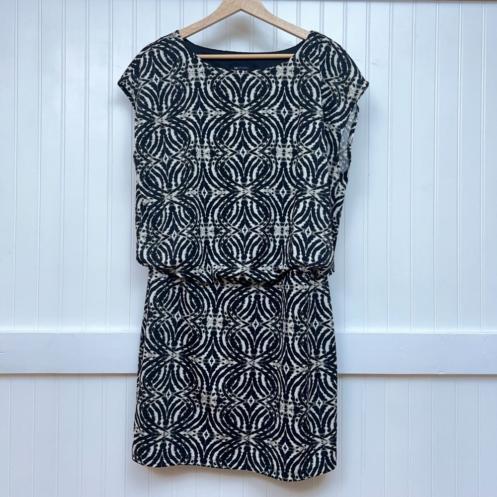 AB Studio Dress Black Ivory Career Work Wear Geometric Print Blouson Women's M